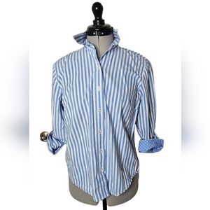 Blue and White 3/4 Sleeve Polka Dot & Stripes Button Down Top (Size: S)